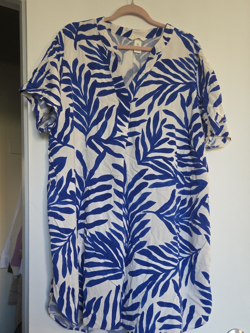 Blue Leaf-Print V-Neck Women's Dress
